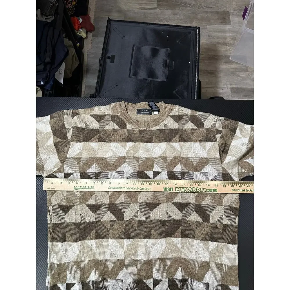 Vintage Geometric Print Wool Blend Crew Sweater Knit Brown Large Crazy Horse